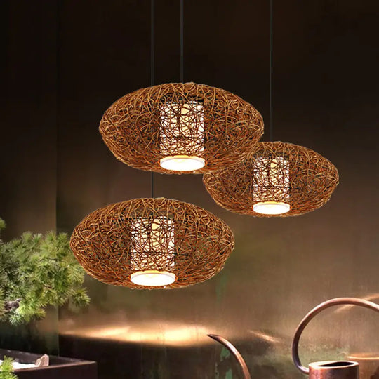 Retro Rattan Woven Pendant Light Kit For Tearoom With Brown Suspension And 1 Bulb