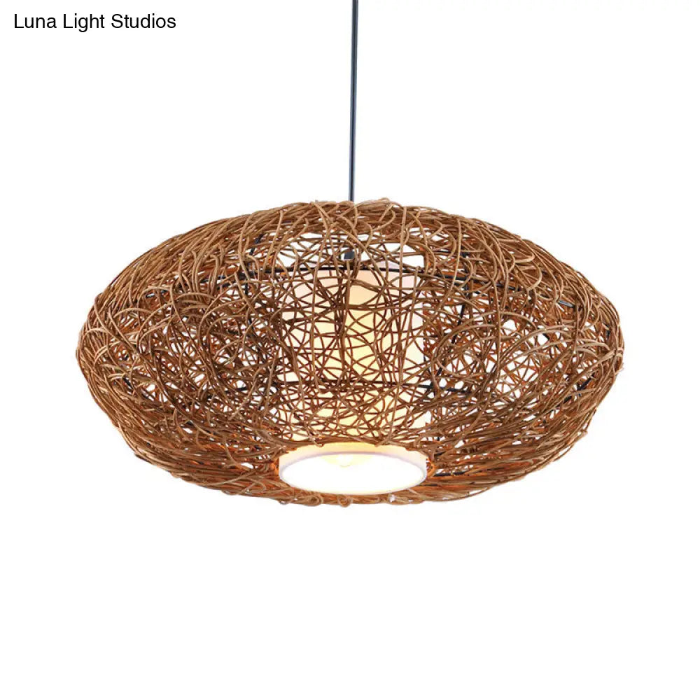 Retro Rattan Woven Pendant Light Kit For Tearoom With Brown Suspension And 1 Bulb