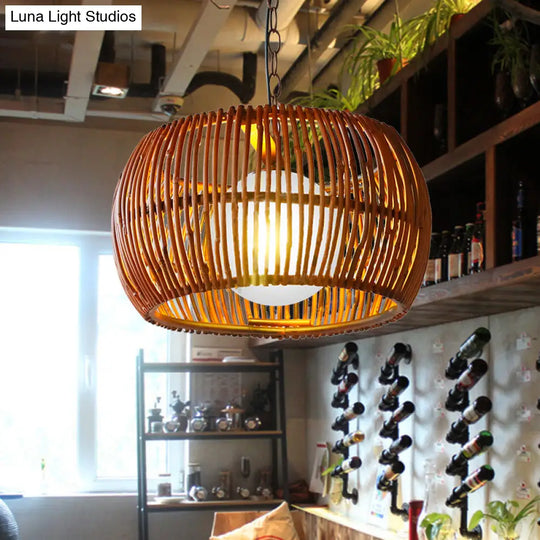 Retro Red Brown Drum Hanging Lamp With Opal Glass Shade