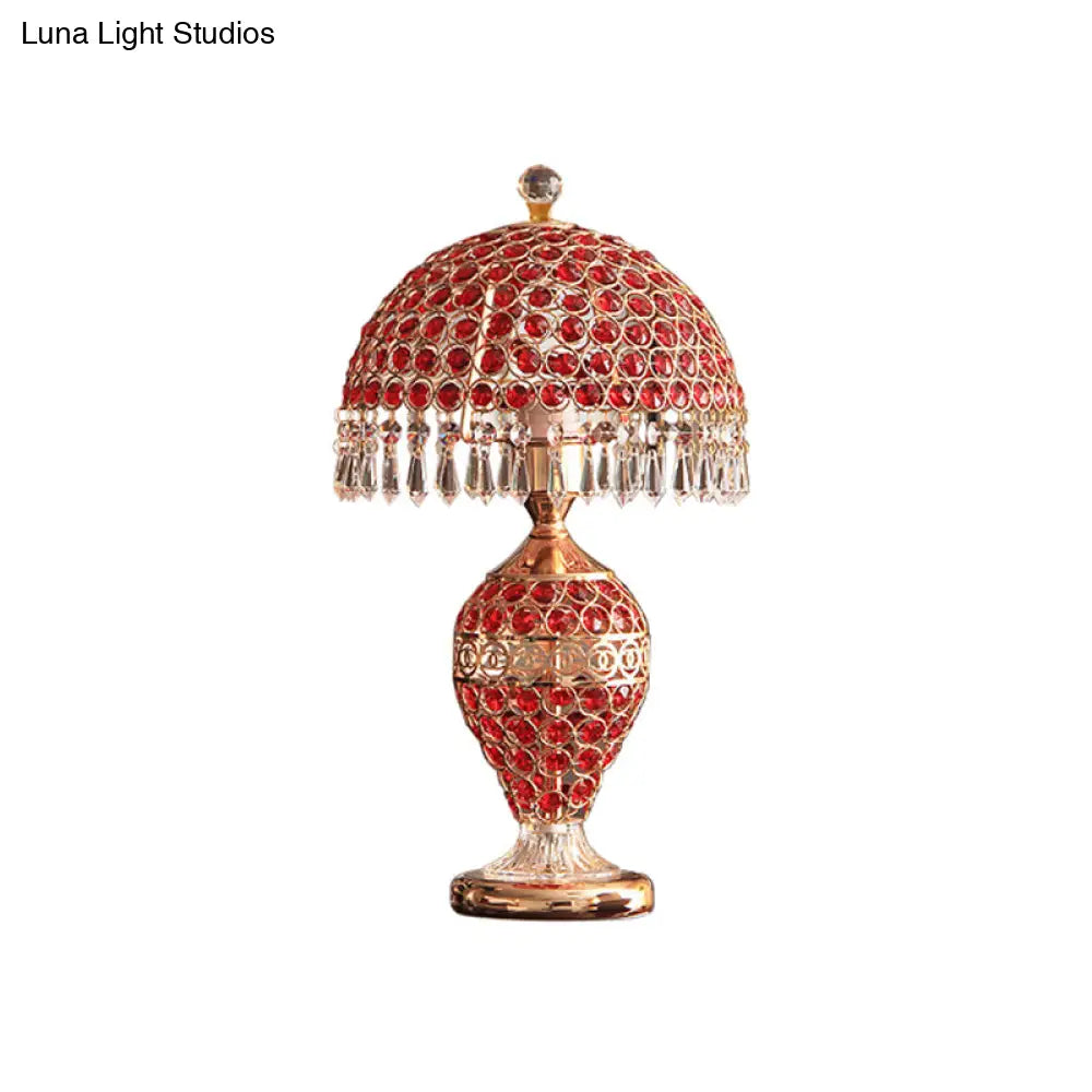 Retro Red Crystal Night Lamp With Gold Dome Lampshade: Table Light Droplet