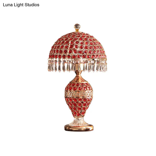 Retro Red Crystal Night Lamp With Gold Dome Lampshade: Table Light Droplet