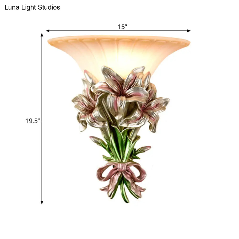 Retro Resin Floral Wall Mounted Lamp - Pink/Gold Design With Trumpet Glass Shade