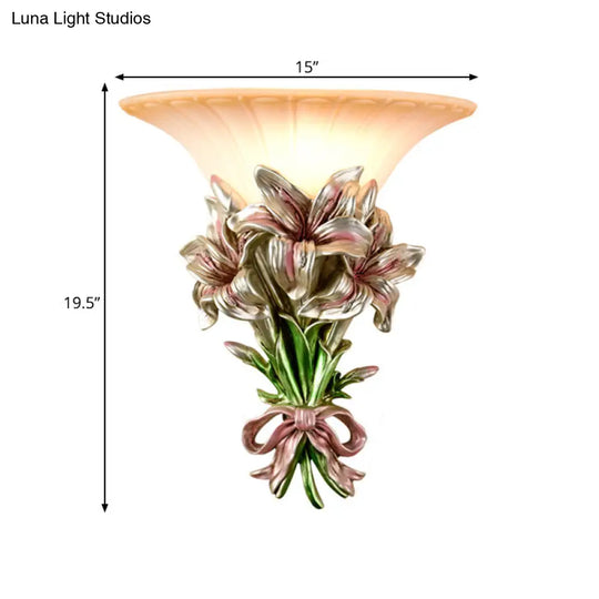 Retro Resin Floral Wall Mounted Lamp - Pink/Gold Design With Trumpet Glass Shade