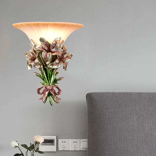 Retro Resin Floral Wall Mounted Lamp - Pink/Gold Design With Trumpet Glass Shade Pink