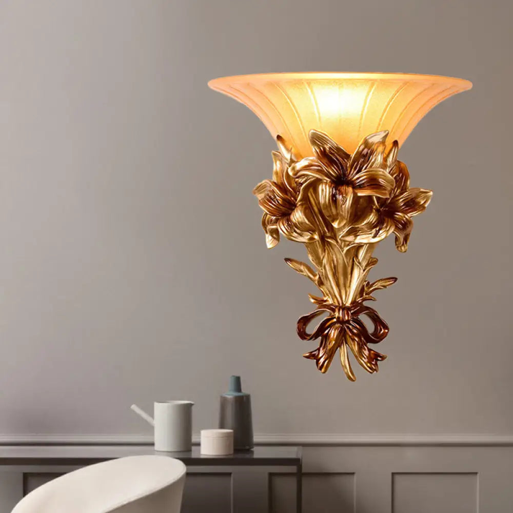 Retro Resin Floral Wall Mounted Lamp - Pink/Gold Design With Trumpet Glass Shade Gold