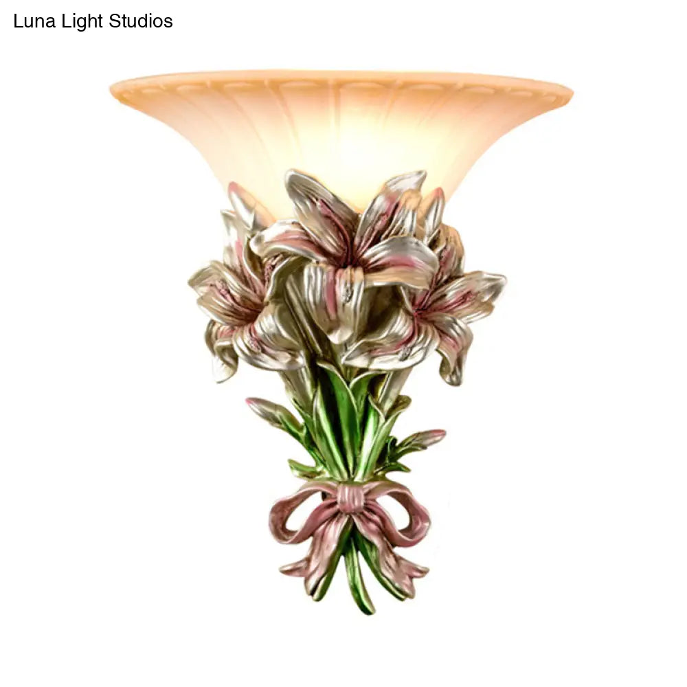 Retro Resin Floral Wall Mounted Lamp - Pink/Gold Design With Trumpet Glass Shade