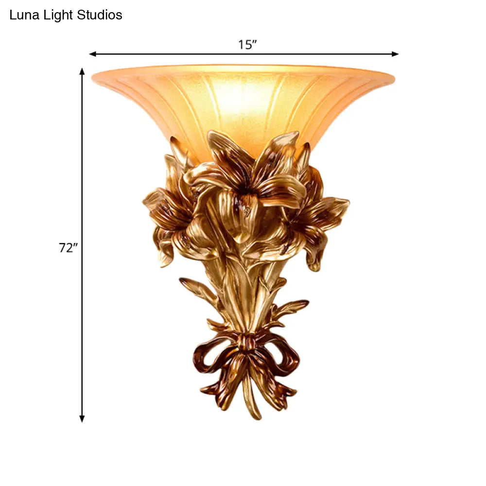 Retro Resin Floral Wall Mounted Lamp - Pink/Gold Design With Trumpet Glass Shade