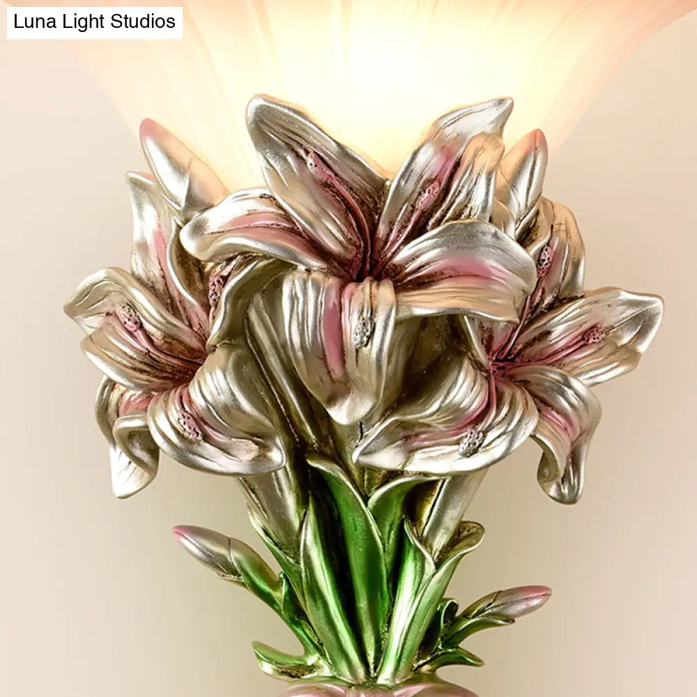 Retro Resin Floral Wall Mounted Lamp - Pink/Gold Design With Trumpet Glass Shade