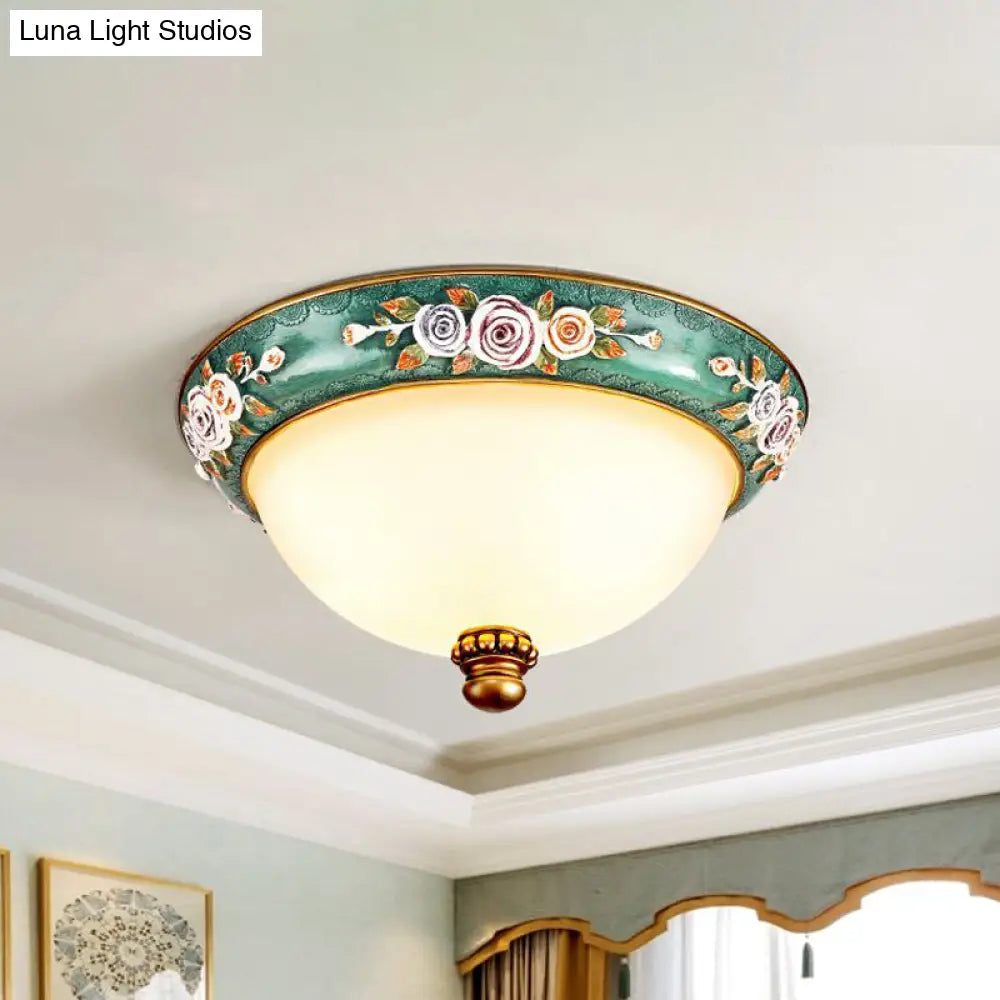 Retro Resin Flush Mount Light Fixture - Green Floral Design With Dome Shade 3 - Light Bedroom