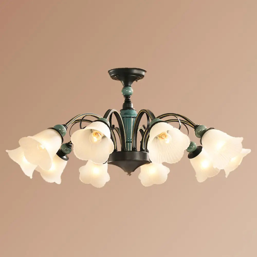 Retro Ribbed Glass Semi Flush Chandelier With Green Flower Shade - Stylish Lighting For Living Room