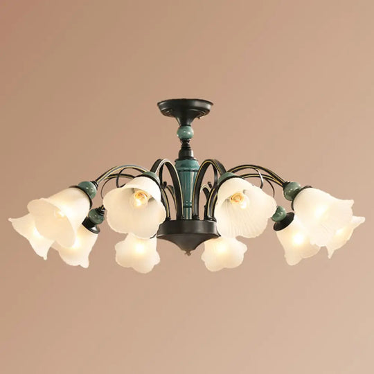 Retro Ribbed Glass Semi Flush Chandelier With Green Flower Shade - Stylish Lighting For Living Room