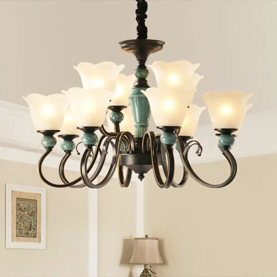 Retro Ribbed Glass Semi Flush Chandelier With Green Flower Shade - Stylish Lighting For Living Room