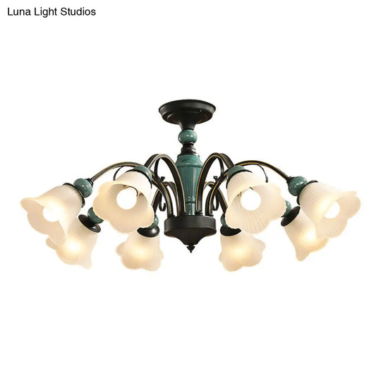 Retro Ribbed Glass Semi Flush Chandelier With Green Flower Shade - Stylish Lighting For Living Room