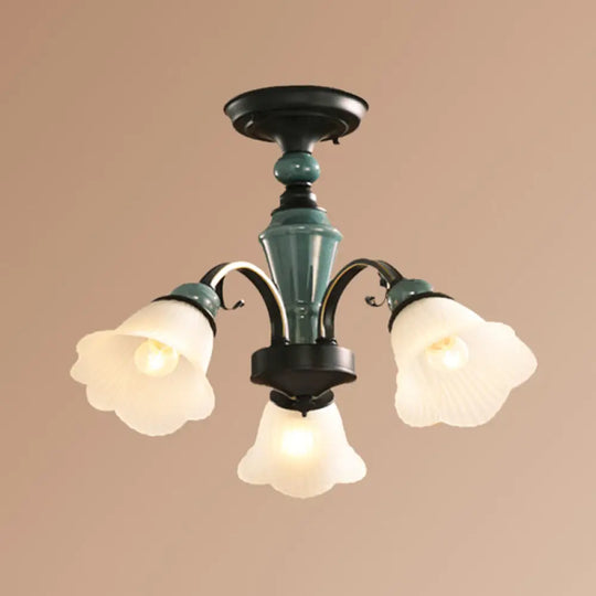 Retro Ribbed Glass Semi Flush Chandelier With Green Flower Shade - Stylish Lighting For Living Room