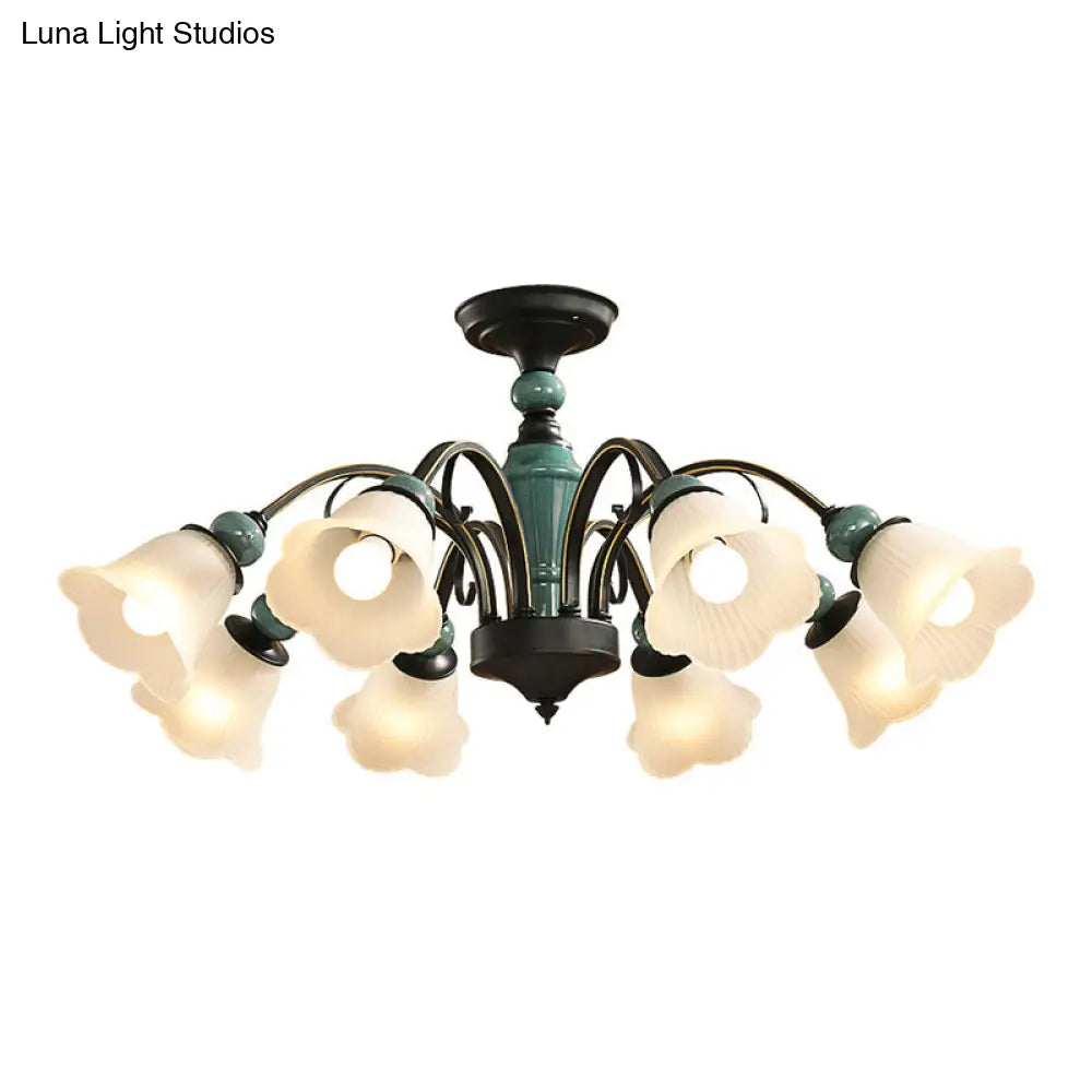 Retro Ribbed Glass Semi Flush Chandelier With Green Flower Shade - Stylish Lighting For Living Room