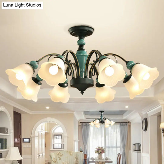 Retro Ribbed Glass Semi Flush Chandelier With Green Flower Shade - Stylish Lighting For Living Room