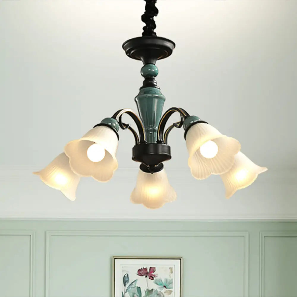 Retro Ribbed Glass Semi Flush Chandelier With Green Flower Shade - Stylish Lighting For Living Room