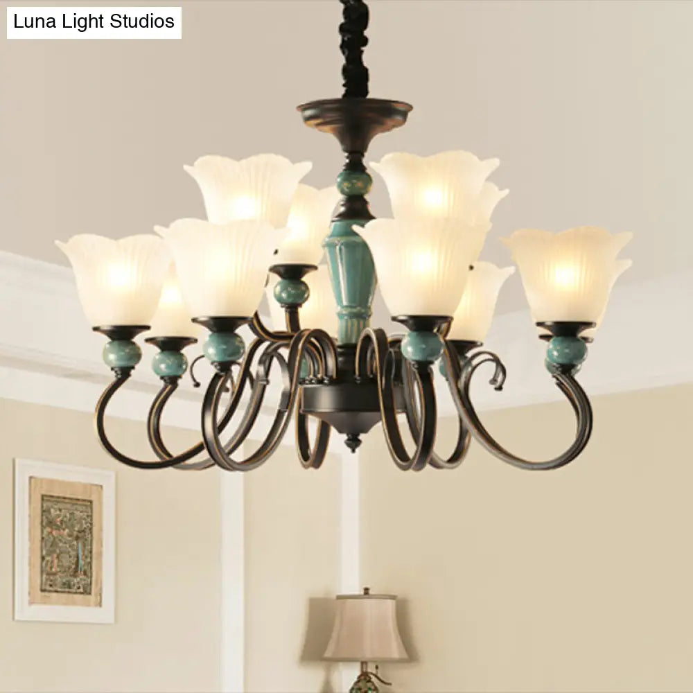 Retro Ribbed Glass Semi Flush Chandelier With Green Flower Shade - Stylish Lighting For Living Room