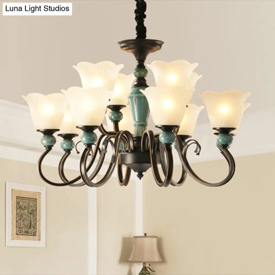 Retro Ribbed Glass Semi Flush Chandelier With Green Flower Shade - Stylish Lighting For Living Room