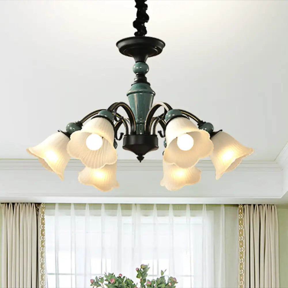 Retro Ribbed Glass Semi Flush Chandelier With Green Flower Shade - Stylish Lighting For Living Room