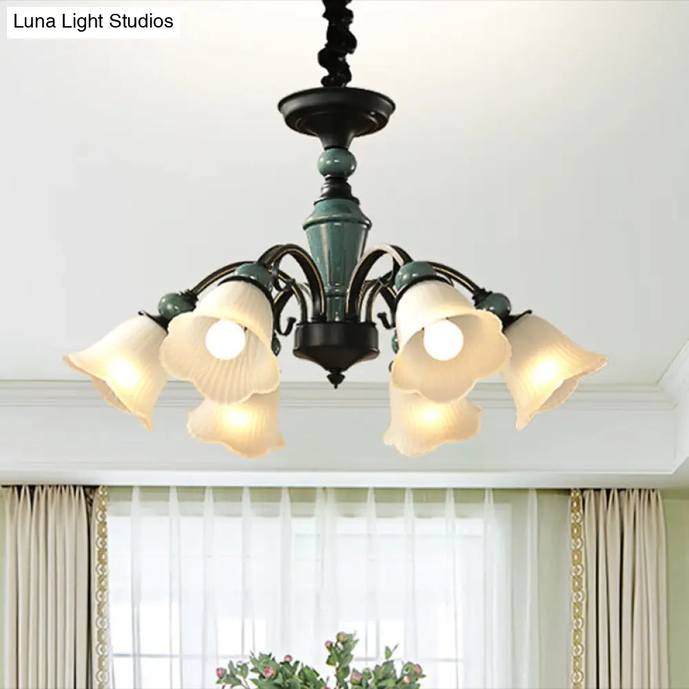 Retro Ribbed Glass Semi Flush Chandelier With Green Flower Shade - Stylish Lighting For Living Room