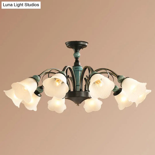 Retro Ribbed Glass Semi Flush Chandelier With Green Flower Shade - Stylish Lighting For Living Room