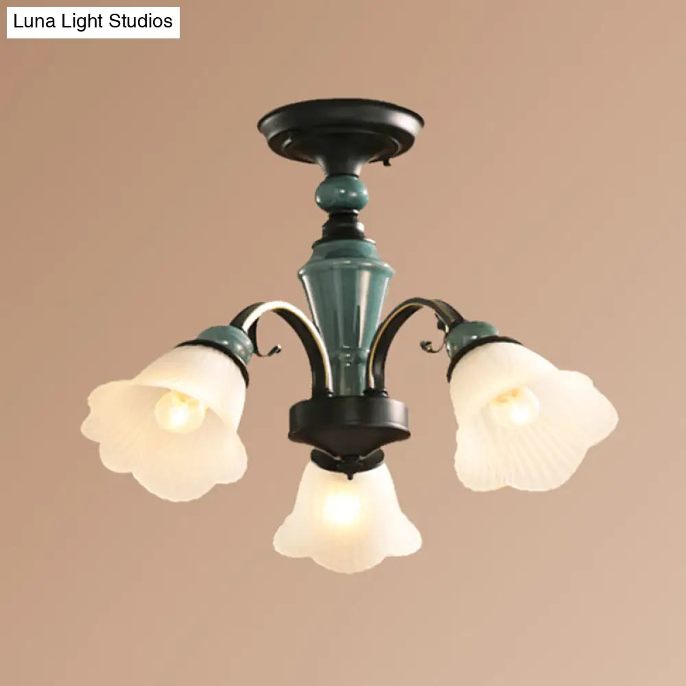 Retro Ribbed Glass Semi Flush Chandelier With Green Flower Shade - Stylish Lighting For Living Room