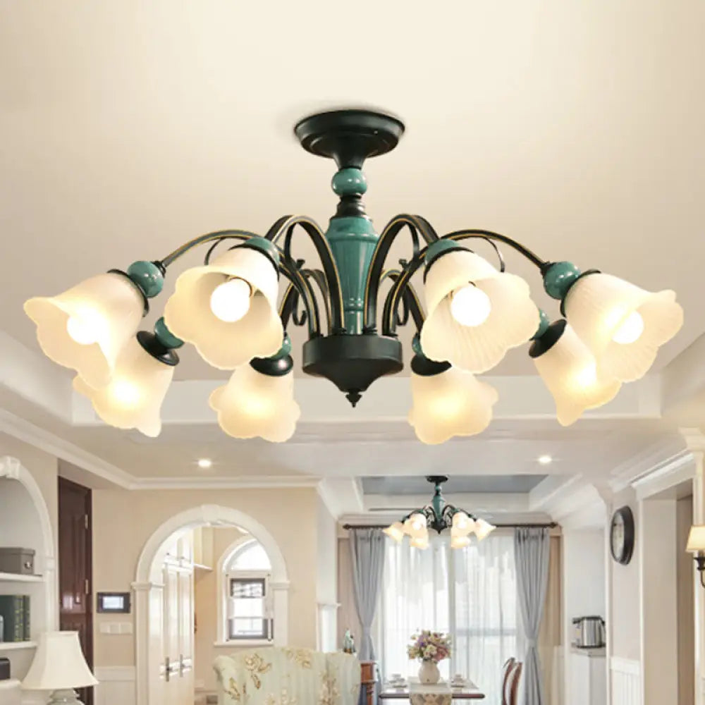 Retro Ribbed Glass Semi Flush Chandelier With Green Flower Shade - Stylish Lighting For Living Room