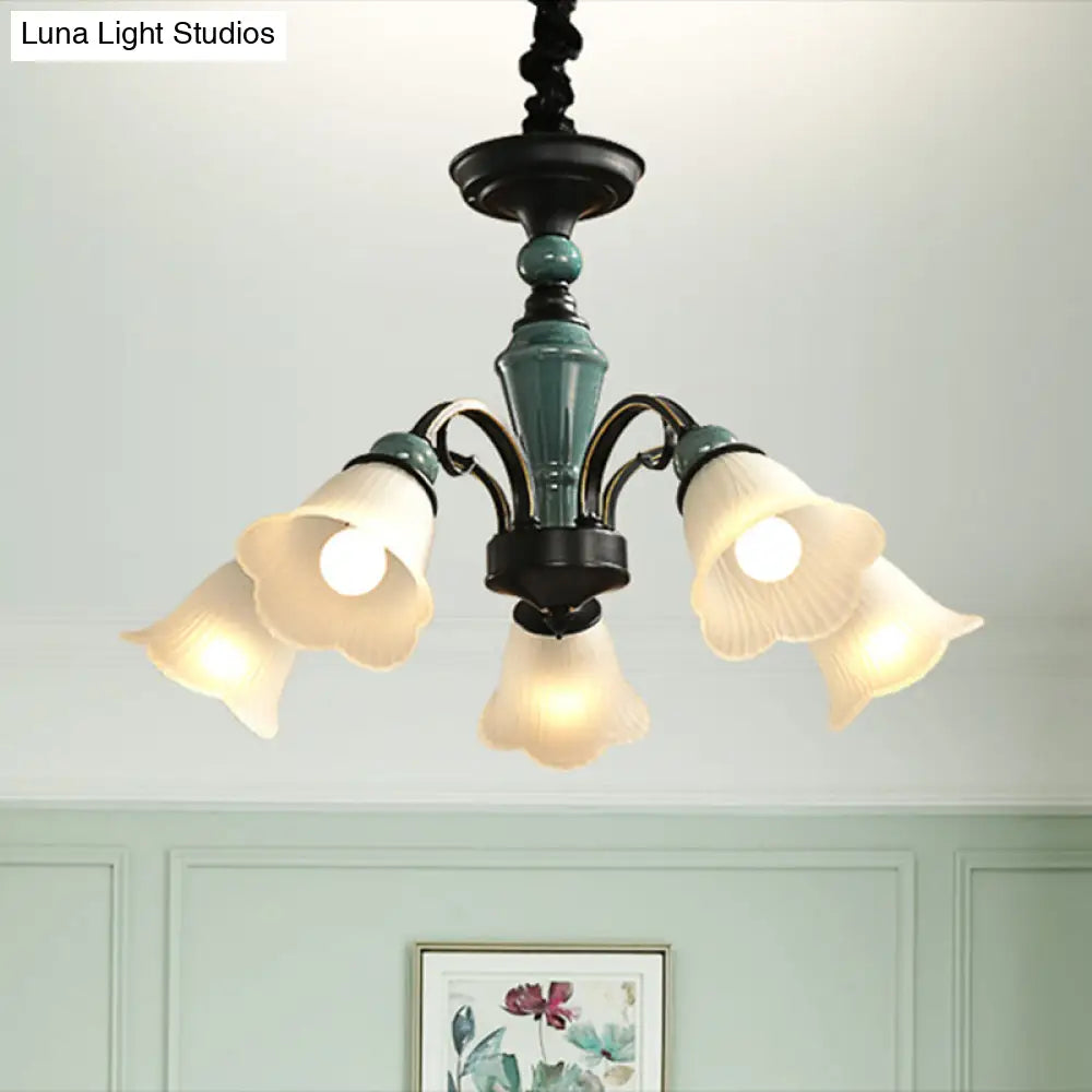 Retro Ribbed Glass Semi Flush Chandelier With Green Flower Shade - Stylish Lighting For Living Room