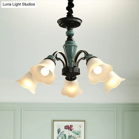 Retro Ribbed Glass Semi Flush Chandelier With Green Flower Shade - Stylish Lighting For Living Room