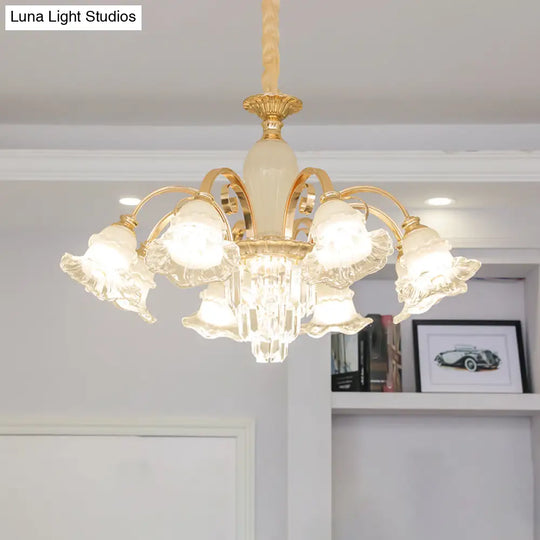 Retro Ruffled Bell Chandelier Light With Clear Textured Glass Pendant And Tiered Crystal Accent