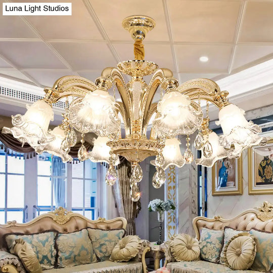 Retro Ruffled Bell Glass Chandelier With Hanging Crystal In Gold