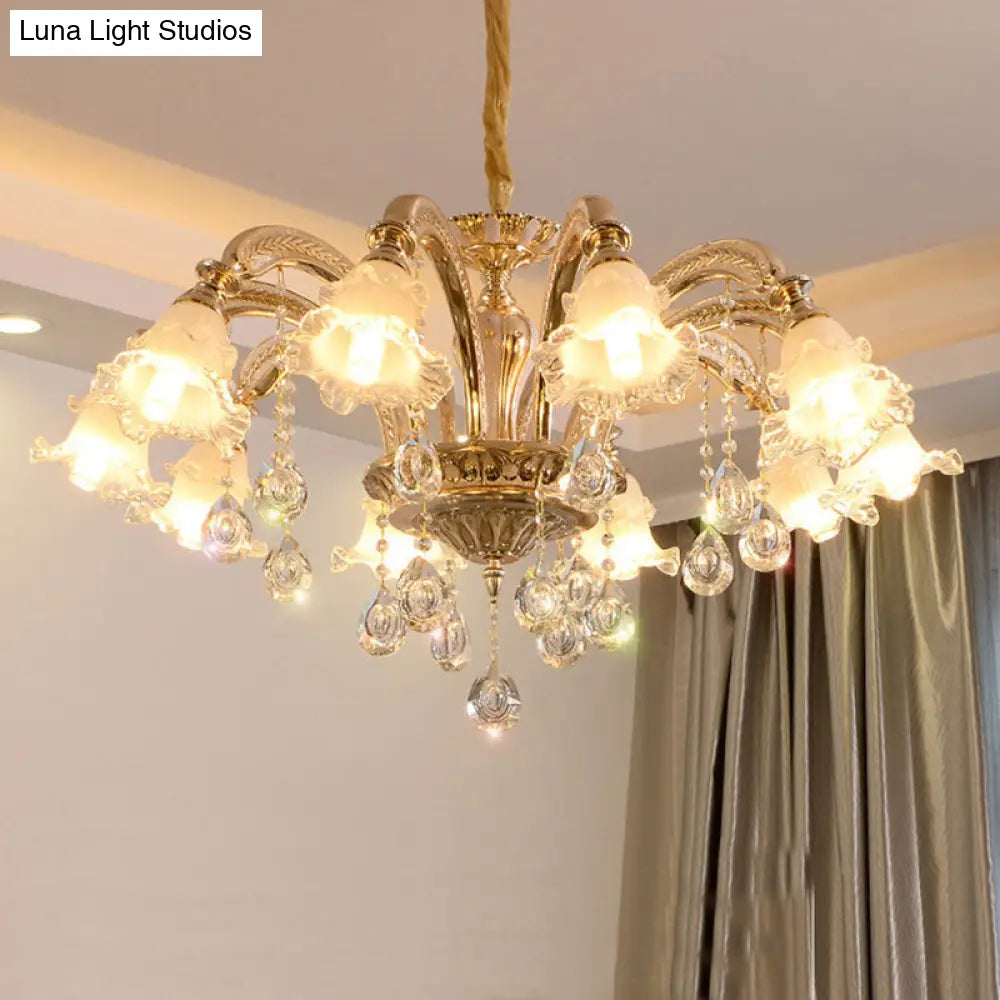 Retro Ruffled Bell Glass Chandelier With Hanging Crystal In Gold