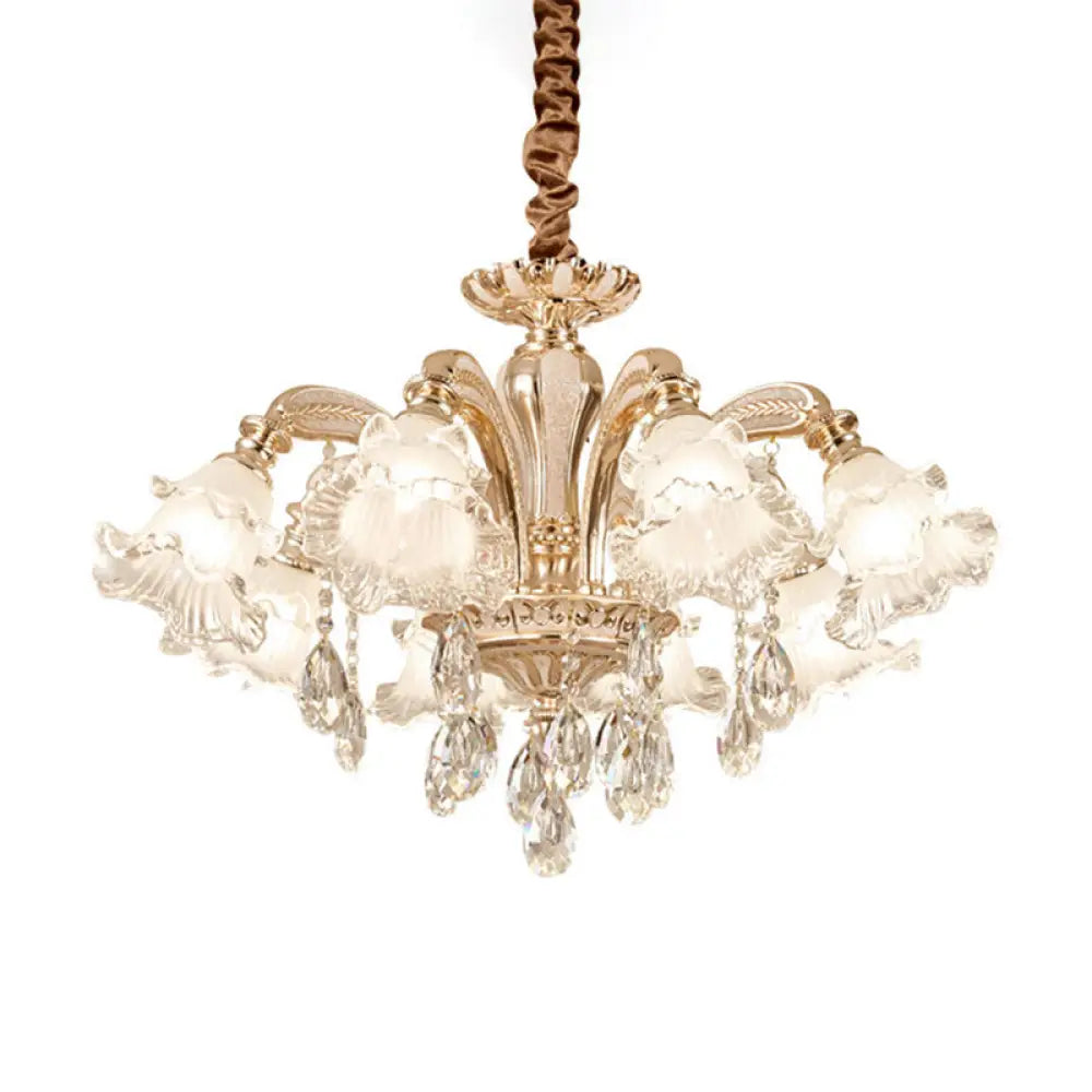 Retro Ruffled Bell Glass Chandelier With Hanging Crystal In Gold 8 /