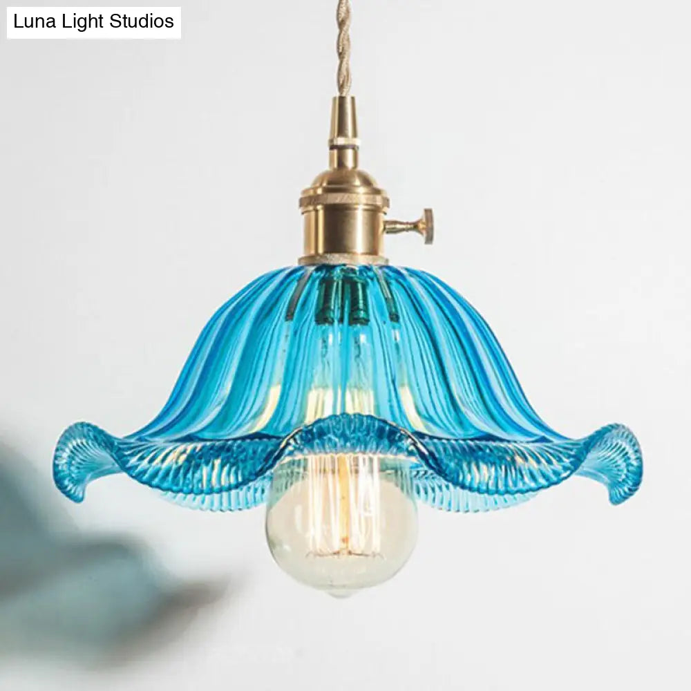 Rustic Glass Ceiling Pendant Lamp With Vintage Ruffled Design And Rotary Switch Blue