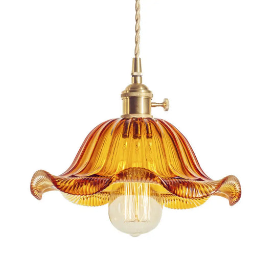 Retro Ruffled Hanging Light: Carved Glass Pendant Lamp With Rotary Switch Amber