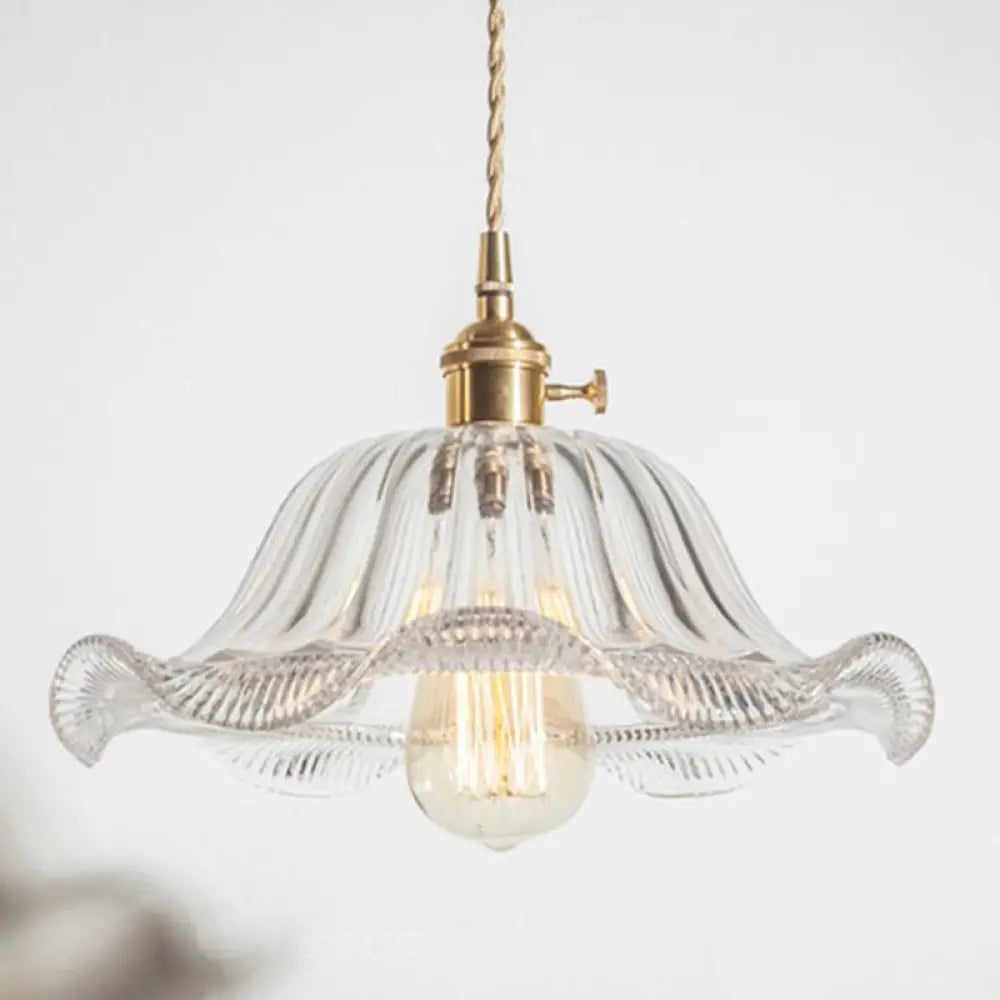 Retro Ruffled Hanging Light: Carved Glass Pendant Lamp With Rotary Switch Clear
