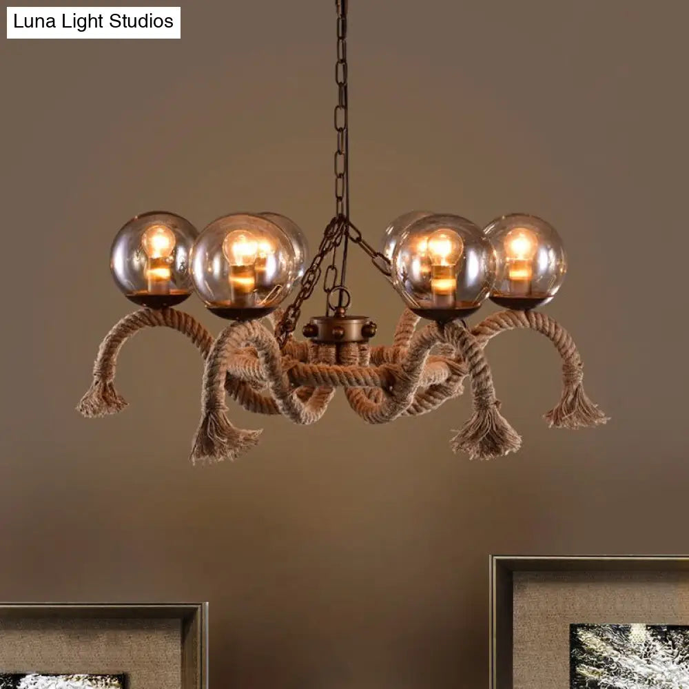 Retro Rust Finish Chandelier - 6 Lights Global Lighting Rope Suspension Smoke Grey Glass Shade