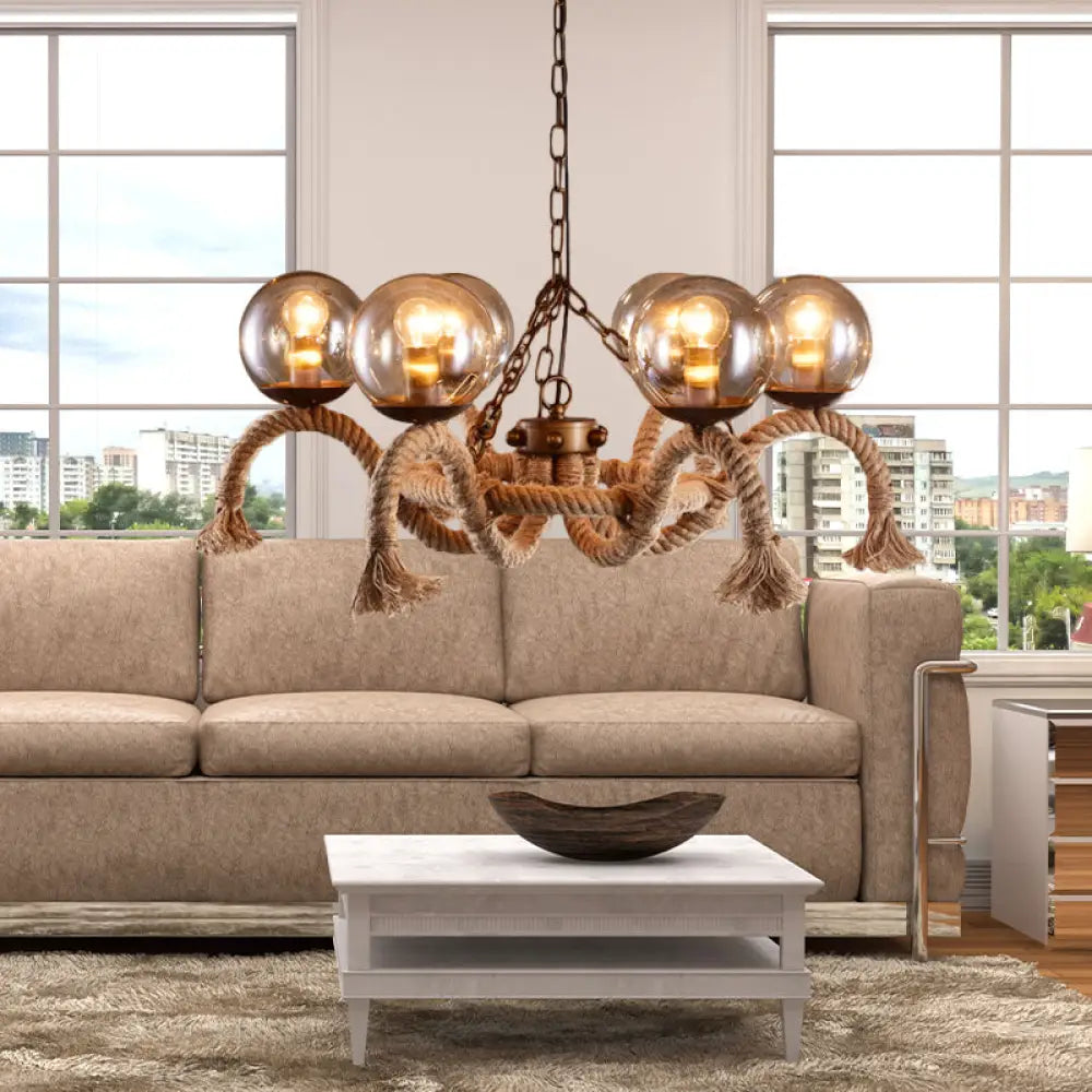 Retro Rust Finish Chandelier - 6 Lights Global Lighting Rope Suspension Smoke Grey Glass Shade