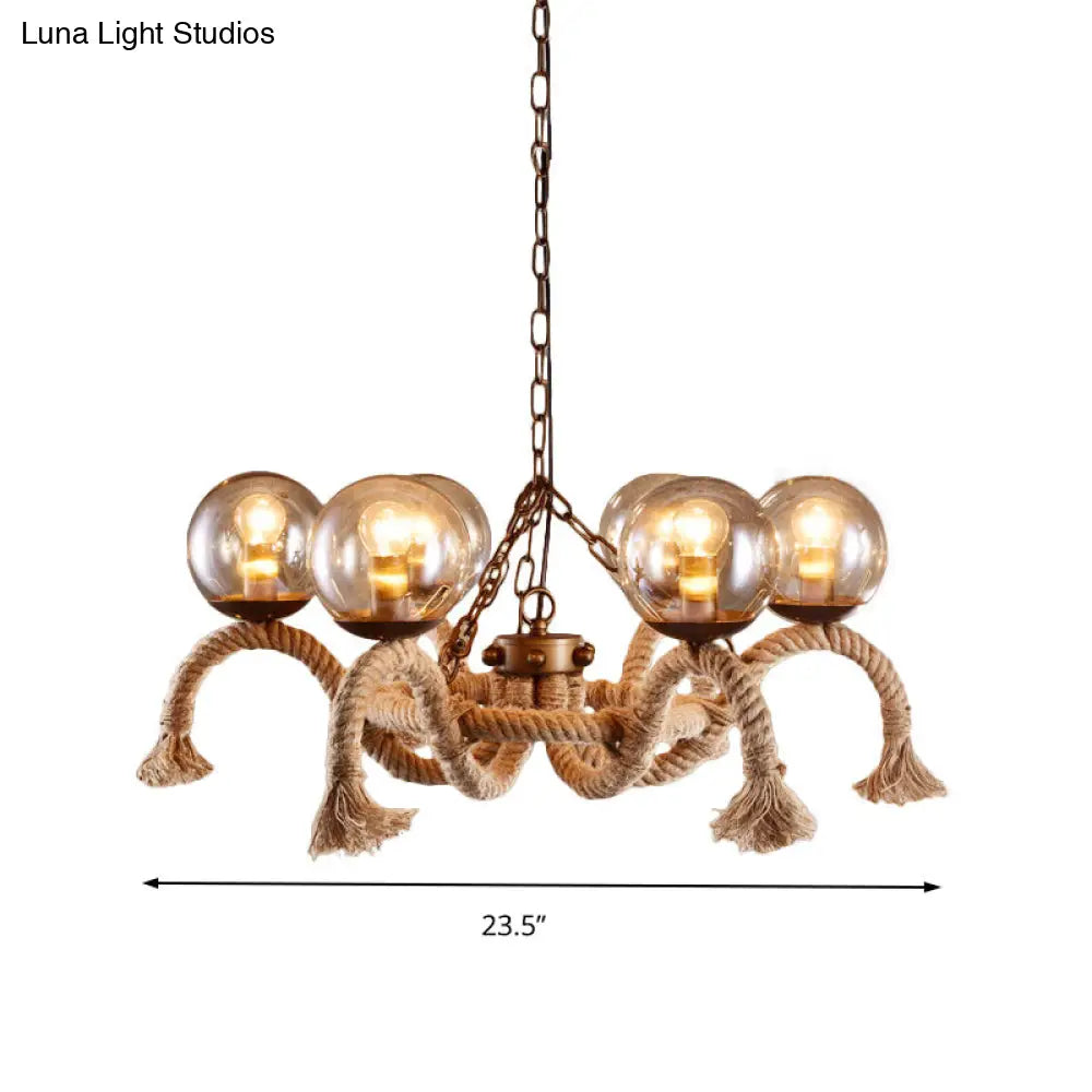 Retro Rust 6-Light Chandelier With Grey Glass Shade - Global Design Rope Suspension