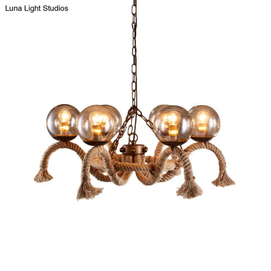 Retro Rust Finish Chandelier - 6 Lights Global Lighting Rope Suspension Smoke Grey Glass Shade