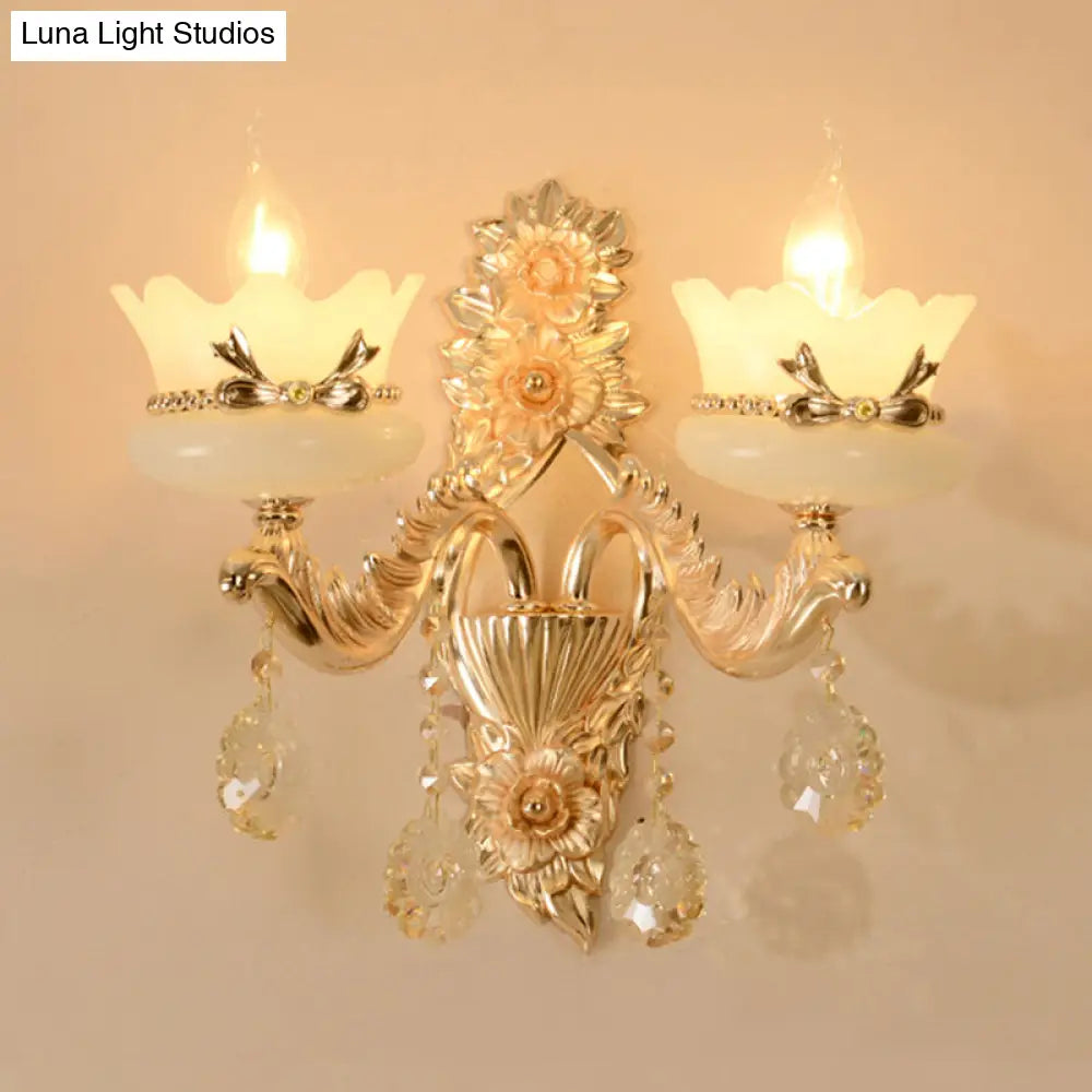 Retro Scalloped Frosted Glass Wall Sconce With Brass Carved Arm - 1/2-Light For Living Rooms