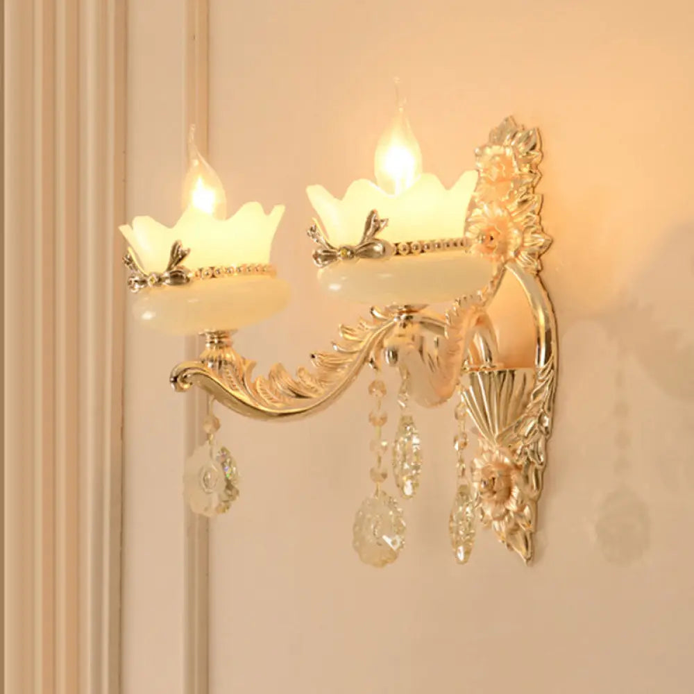 Retro Scalloped Frosted Glass Wall Sconce With Brass Carved Arm - 1/2-Light For Living Rooms 2 /