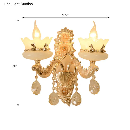 Retro Scalloped Frosted Glass Wall Sconce With Brass Carved Arm - 1/2-Light For Living Rooms