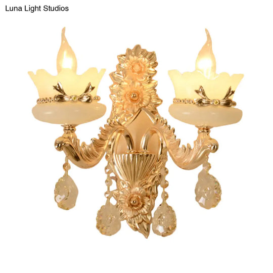 Retro Scalloped Frosted Glass Wall Sconce With Brass Carved Arm - 1/2-Light For Living Rooms