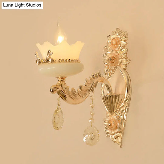 Retro Scalloped Frosted Glass Wall Sconce With Brass Carved Arm - 1/2-Light For Living Rooms