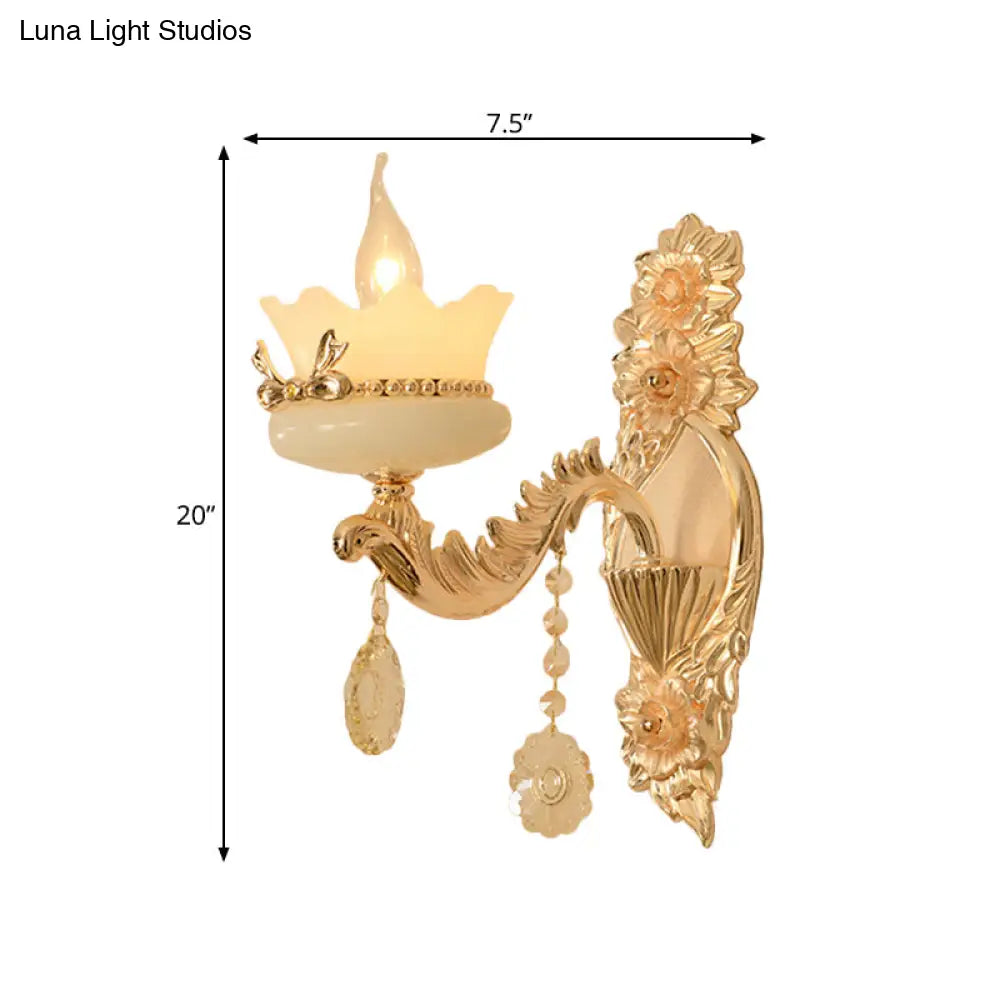 Retro Scalloped Frosted Glass Wall Sconce With Brass Carved Arm - 1/2-Light For Living Rooms