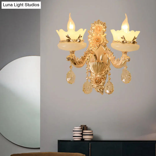 Retro Scalloped Frosted Glass Wall Sconce With Brass Carved Arm - 1/2-Light For Living Rooms