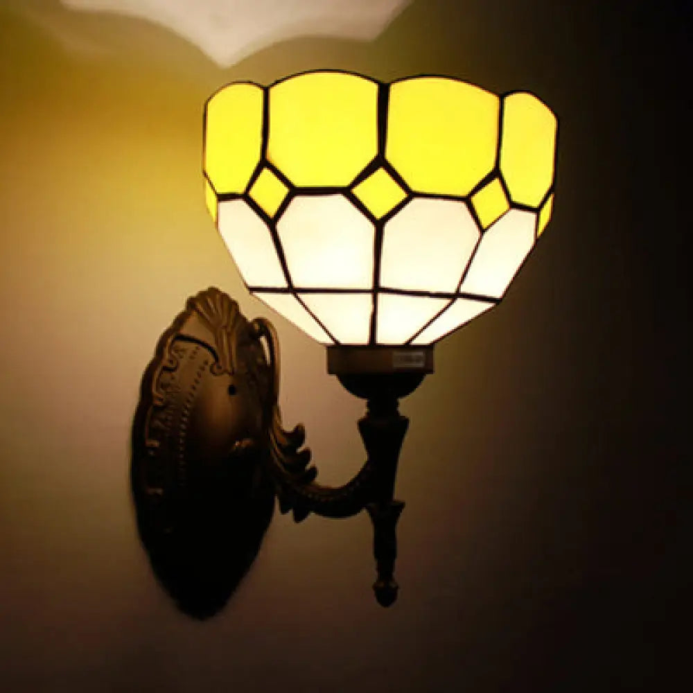 Retro Scalloped Stained Glass Wall Light - 1 Fixture In Yellow/Pink/Green For Stairway Yellow