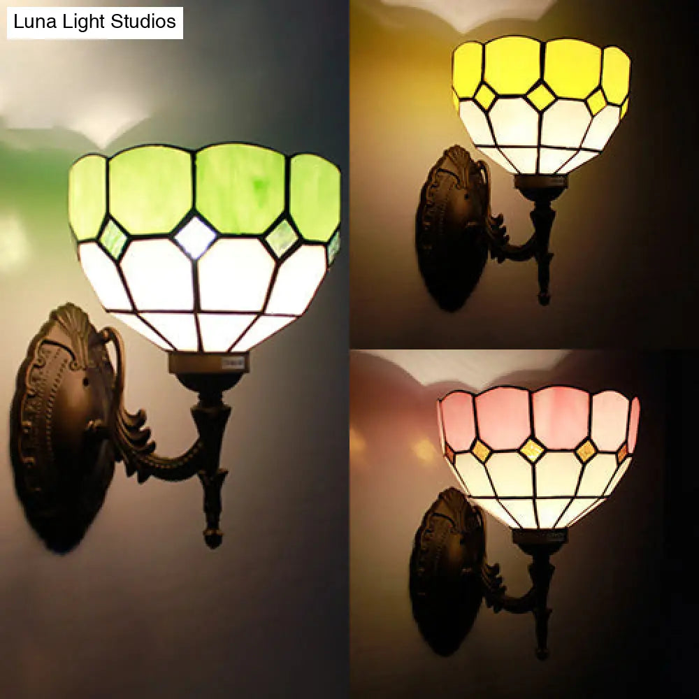 Retro Scalloped Stained Glass Wall Light - 1 Fixture In Yellow/Pink/Green For Stairway